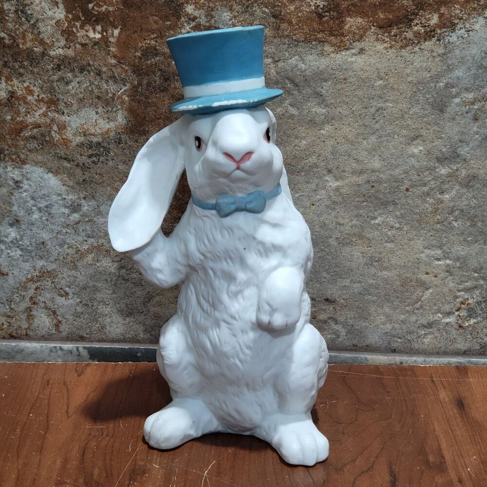 Faroy Bunny Shaped Vase White Porcelain Rabbit Wearing Blue Top Hat Bow Tie